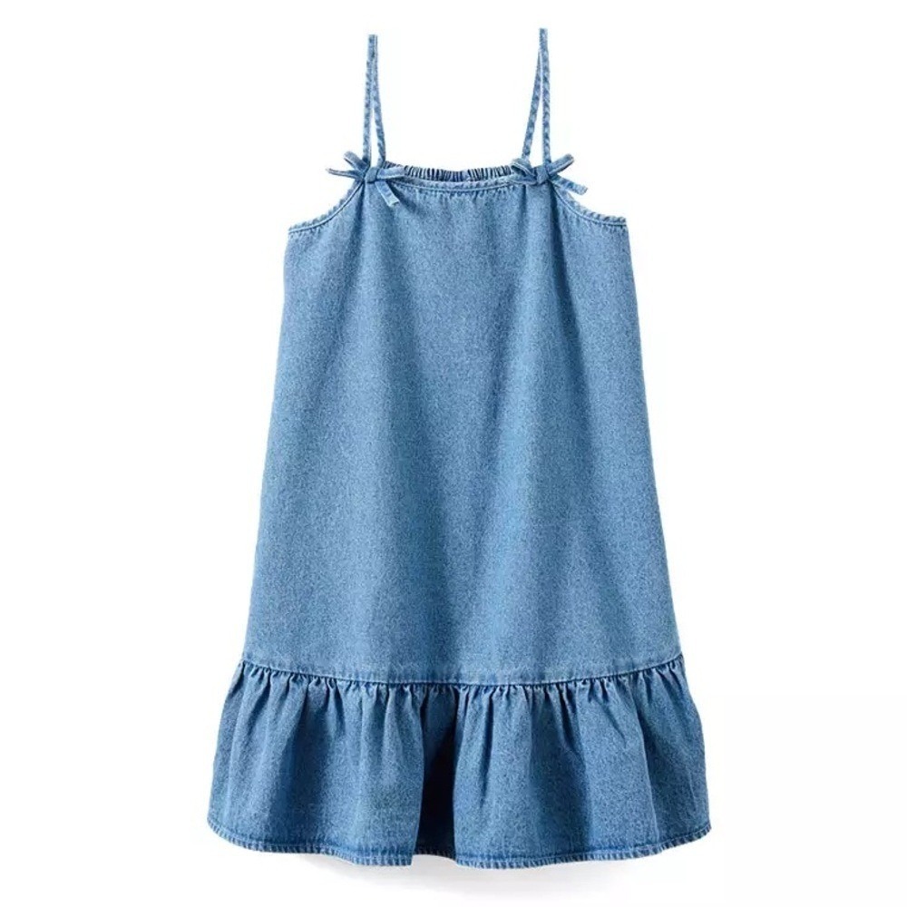 Cotton On Kids Denim Tiered Dress Blue Sleeveless Bow Strap‎ Size 8 Girl